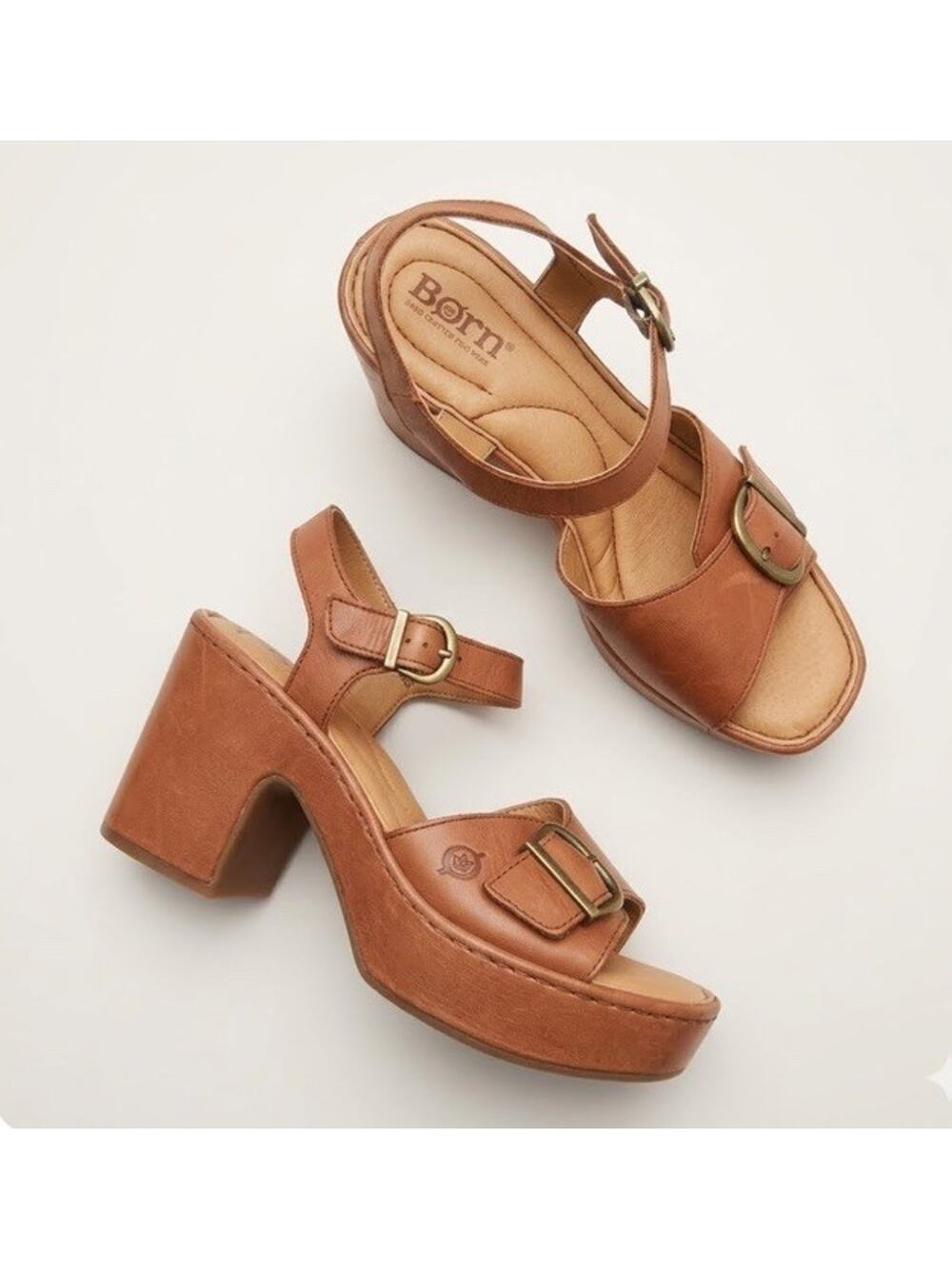 Børn Bella Leather Platform Sandals Brown Square Heel Sz 7 Coastal Boho Chic 70s